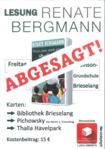 Lesung mit Renate Bergmann musste leider abgesagt werden